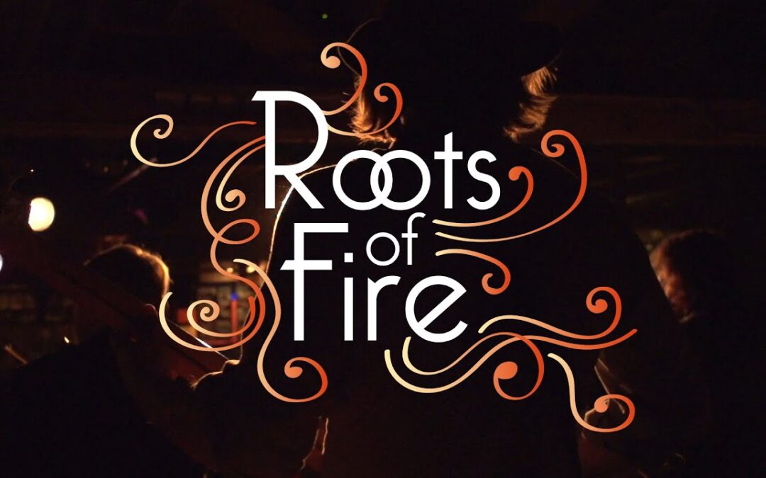 Roots of Fire logo with flame swirls behind text